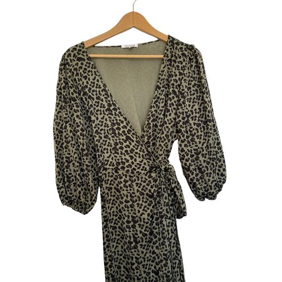 Good American Leopard Wrap Dress 5 XXL Military Green High Low Hem Puff Sleeve - Picture 3 of 12